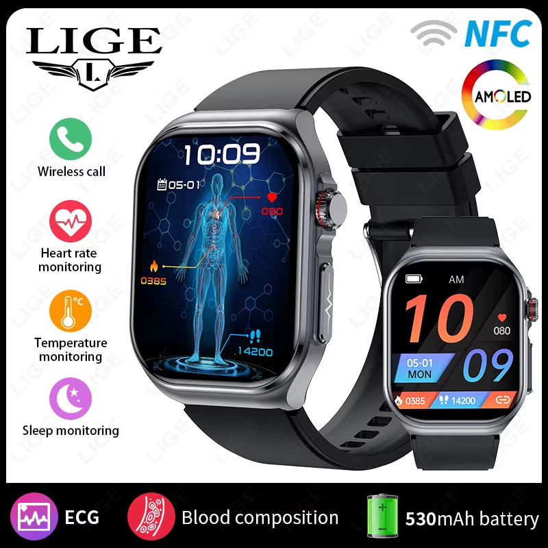 AMOLED Smart Watch ET585 Men ECG Blood Compositoin Health Monitoring Bluetooth Call Women Sports Fitness Tracker Smartwatch