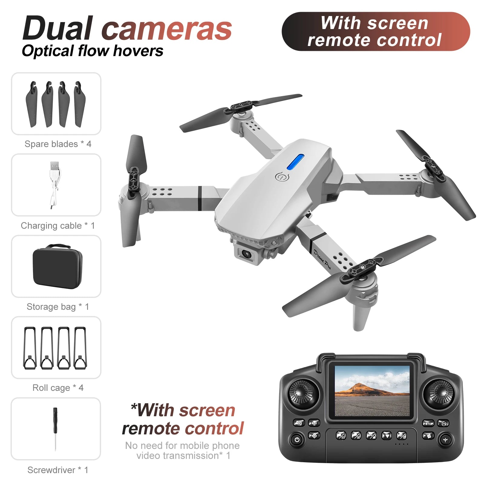 New E88 Drone Remote Control with Screen 4K Dual Camera Optical Flow Localization 2.4G RC Quadcopter One-Button Take-Off Drones