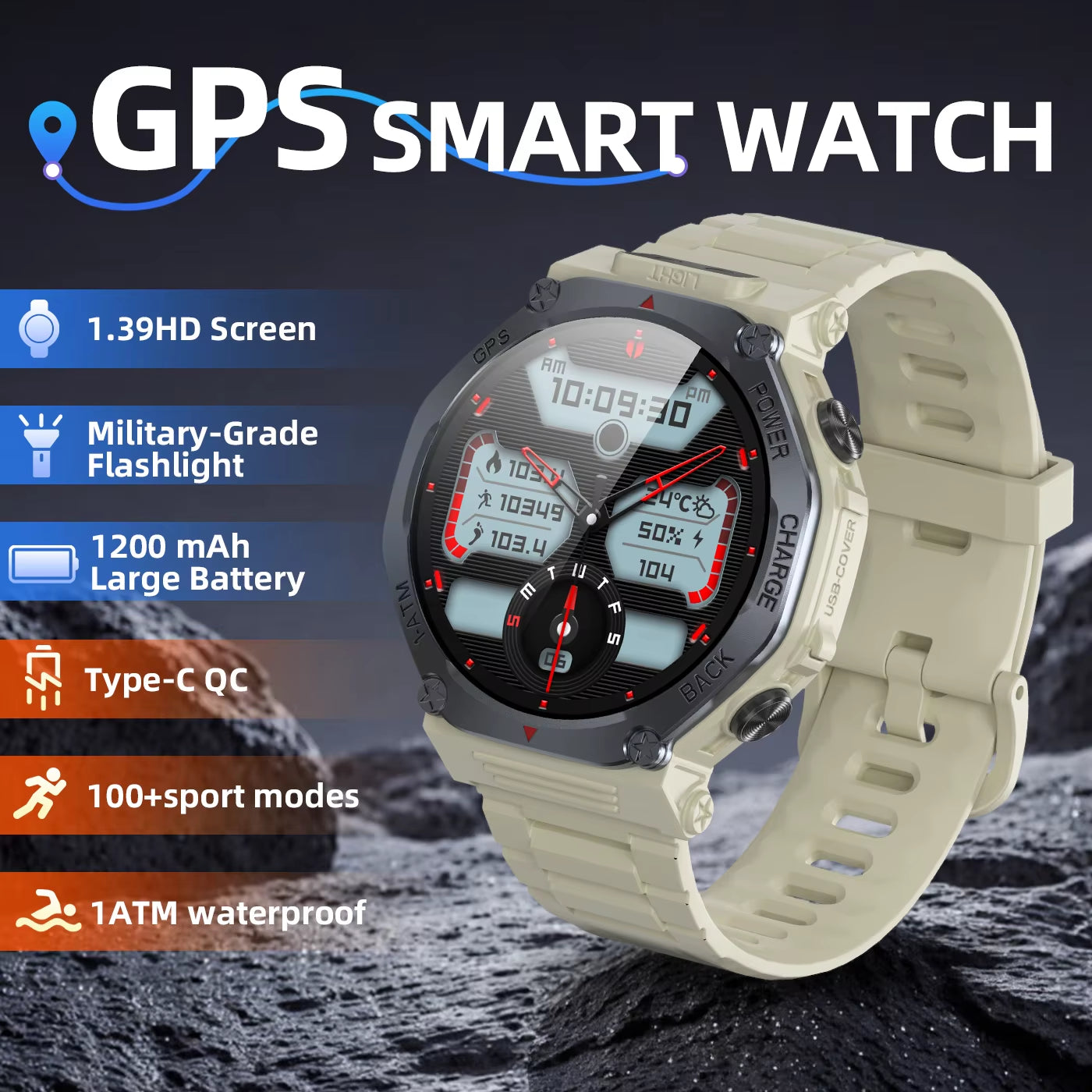 NEW T-Rex 3 Built-In GPS Sport Smart Watch for Xiaomi Men 1200Mah Large Battery Bluetooth Call Reverse Charge Flashlight Gift