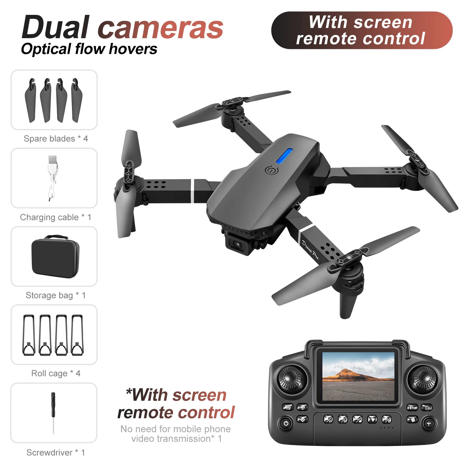 New E88 Drone Remote Control with Screen 4K Dual Camera Optical Flow Localization 2.4G RC Quadcopter One-Button Take-Off Drones